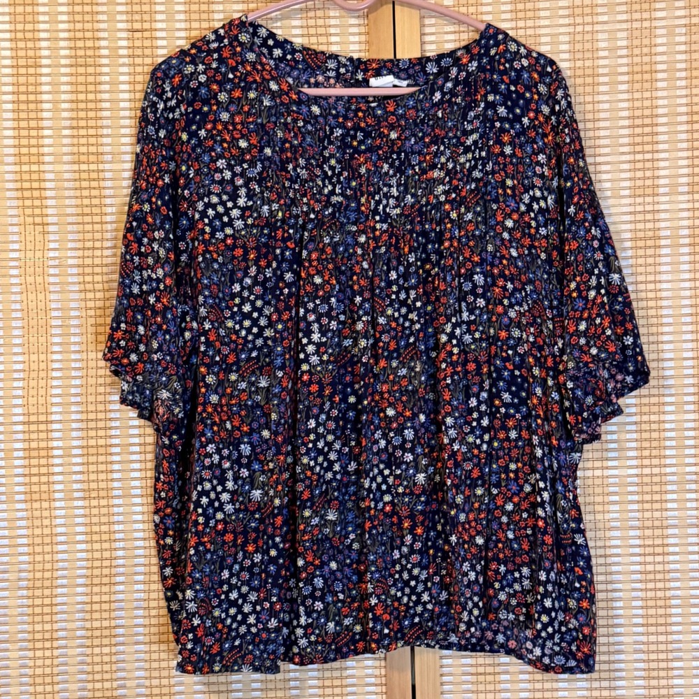 Gap Womens XXL Navy Blue Floral Pleated Front Short Sleeve Modal Blouse Top